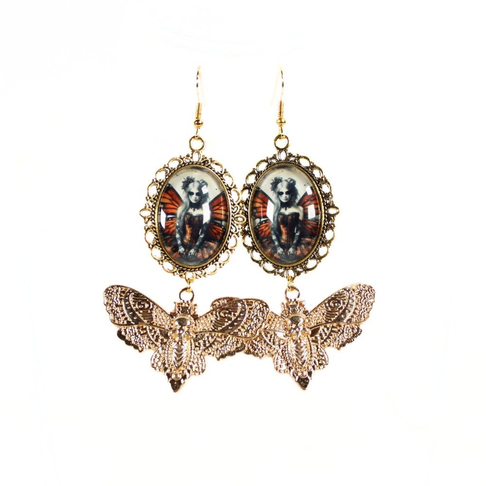 🔨 Gothic "Sunset Ember" Gothic Butterfly Fairy Earrings with Gold Moth Charms